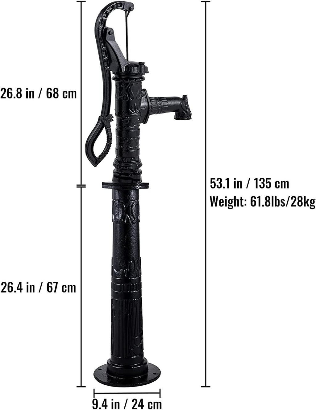 Hand Water Pump w/ Stand, 15.7 x 9.4 x 53.1 inch Pitcher Pump & 26 inch Pump Stand w/ Pre-set 1/2" Holes for Easy Installation, Rustic Cast Iron Well Pump for Yard, Garden, Farm Irrigation,Black