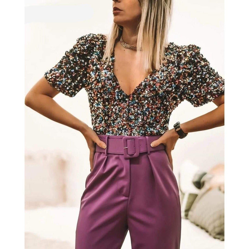 sequin stitching deep v short-sleeved