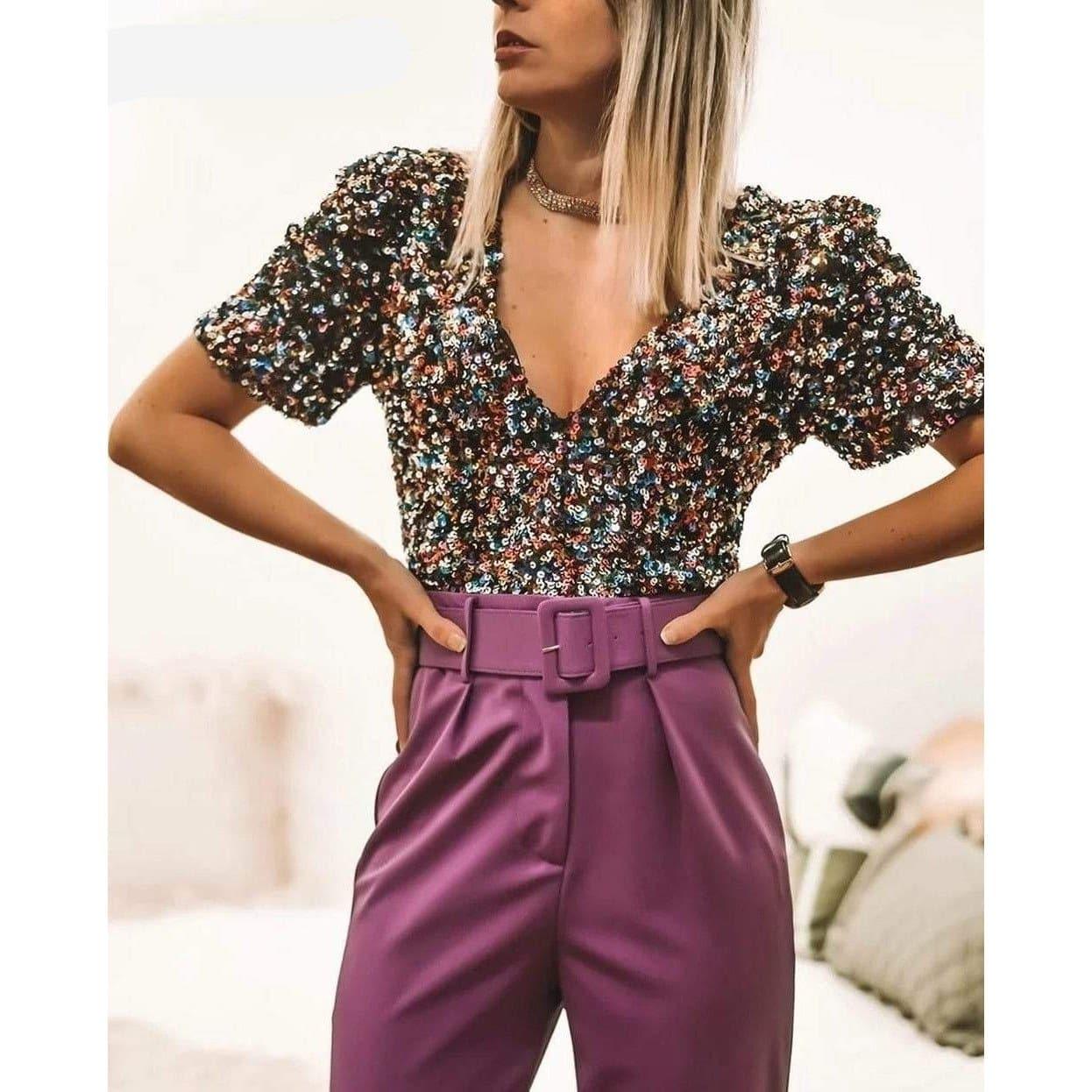 sequin stitching deep v short-sleeved