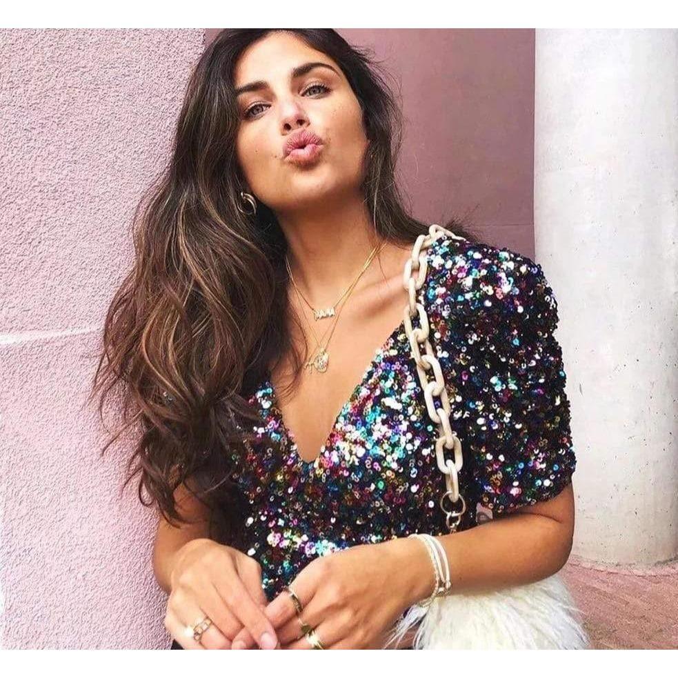 sequin stitching deep v short-sleeved