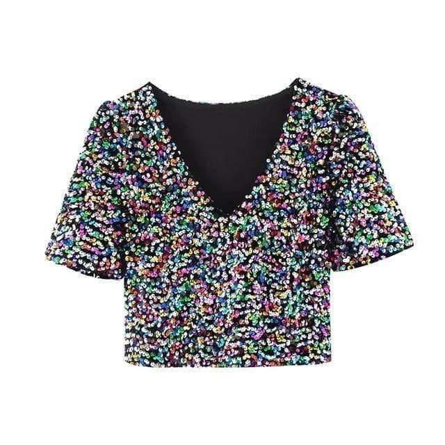 sequin stitching deep v short-sleeved