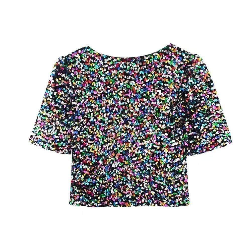 sequin stitching deep v short-sleeved