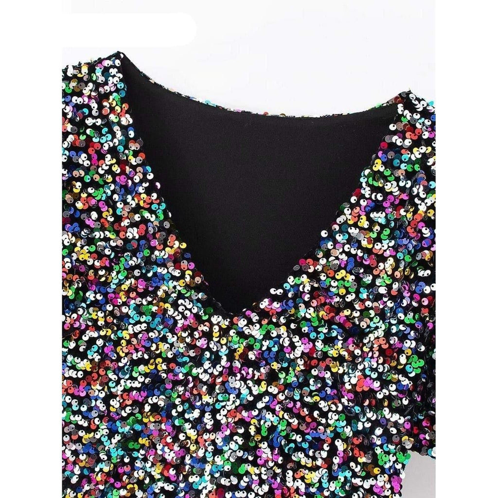 sequin stitching deep v short-sleeved