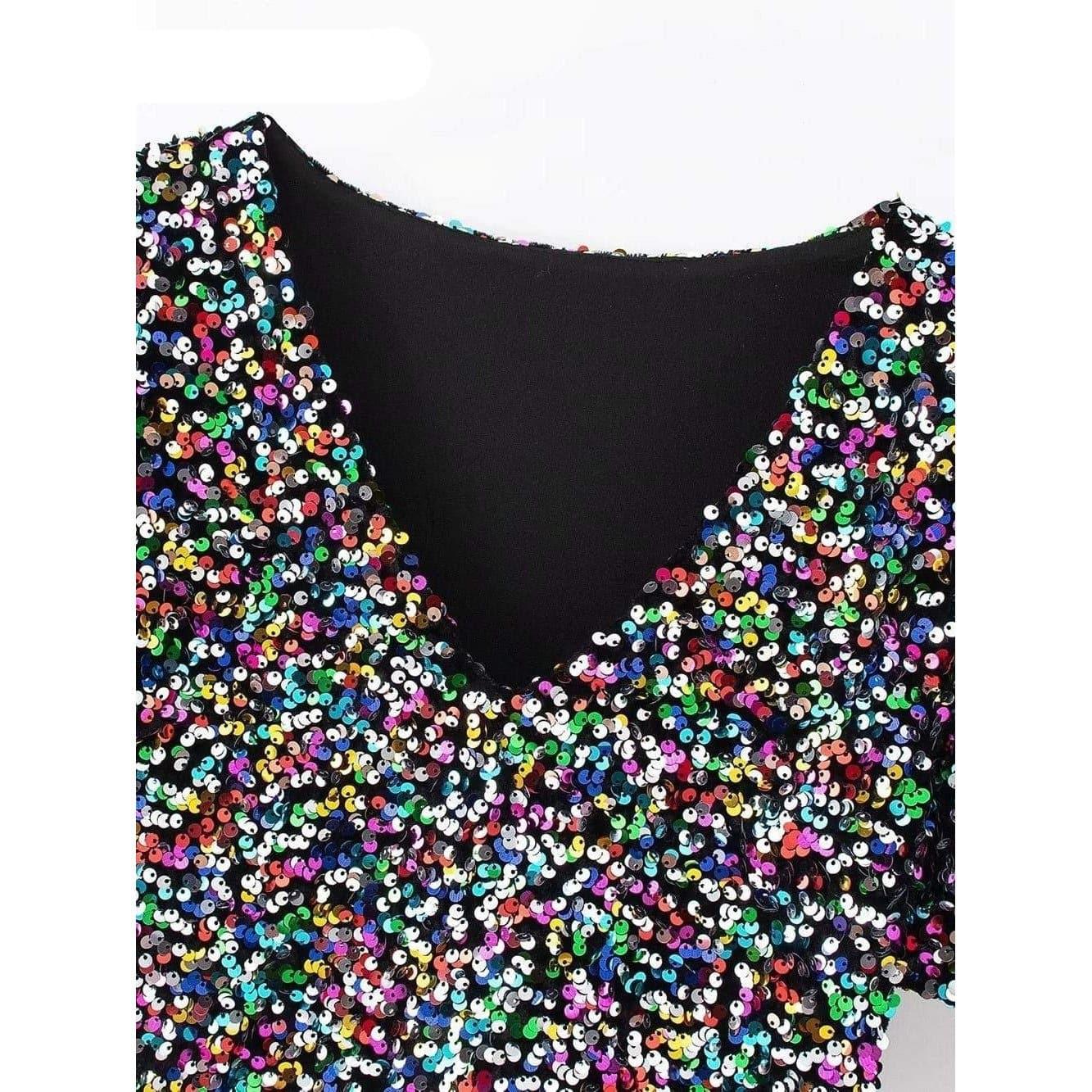 sequin stitching deep v short-sleeved
