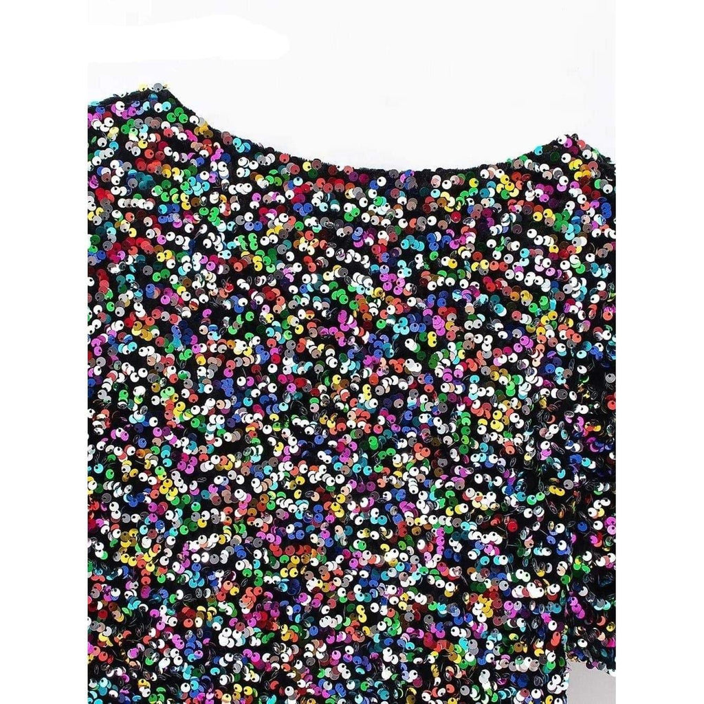 sequin stitching deep v short-sleeved