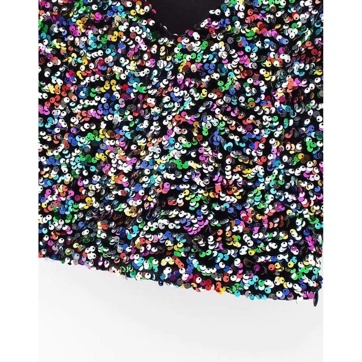 sequin stitching deep v short-sleeved