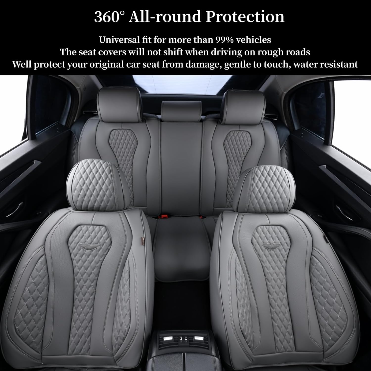 Coverado Leather Seat Covers Full Set, 5 Seats Universal Seat Covers for Cars, Waterproof Luxury Leatherette Seat Cushions, Front and Rear Seat Protectors, Auto Seat Covers Fit for Most Vehicles Gray