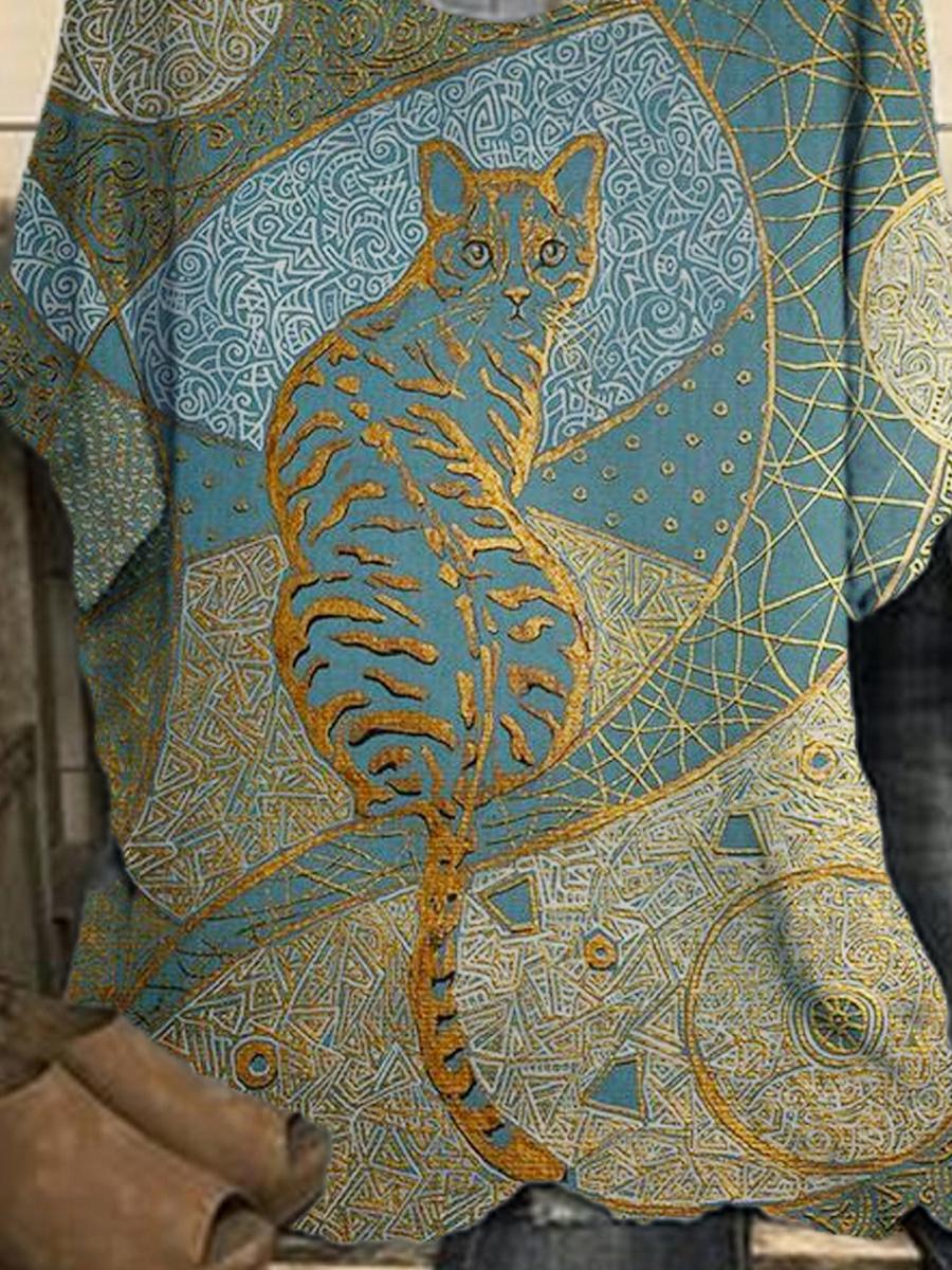 Womens Short-sleeved Round Neck Cat Printing Blouse