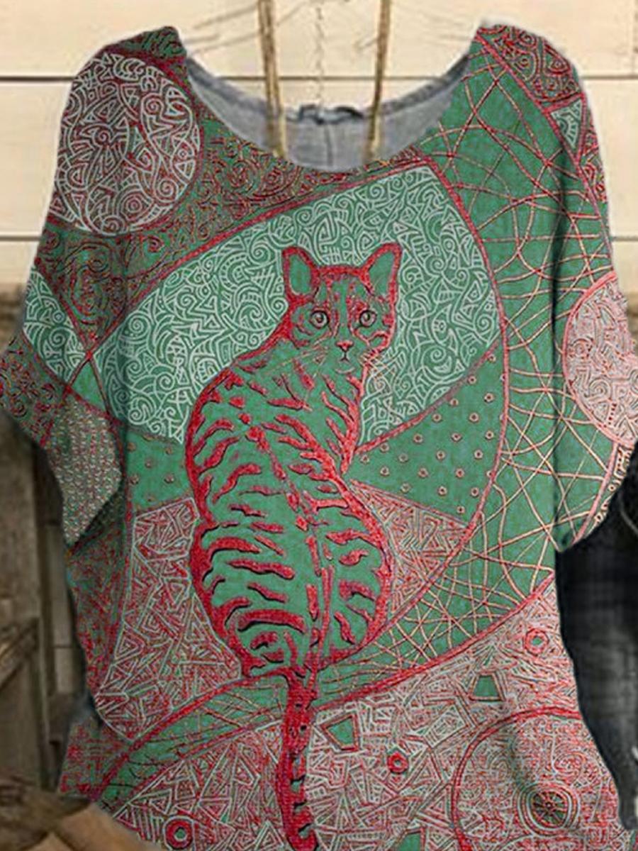 Womens Short-sleeved Round Neck Cat Printing Blouse