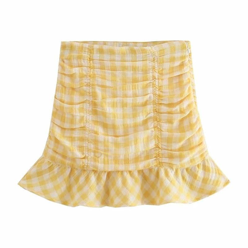 one shoulder crop top and plaid ruched skirt