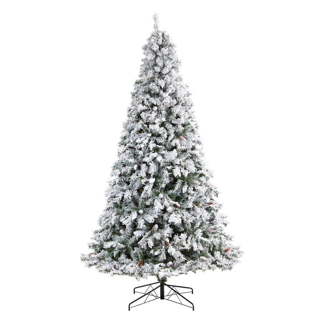 Nearly Natural River Mountain Clear Prelit LED Green Flocked Pine Christmas Tree, with Pinecones 9'
