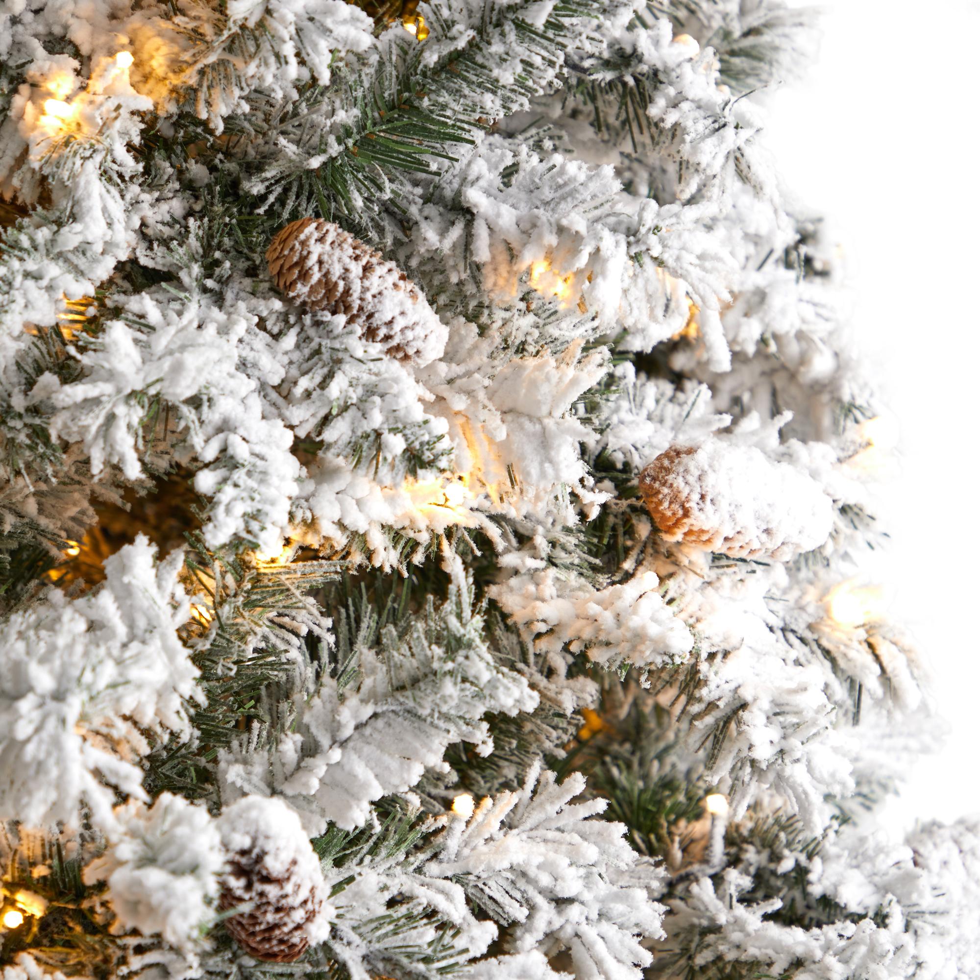 Nearly Natural River Mountain Clear Prelit LED Green Flocked Pine Christmas Tree, with Pinecones 9'