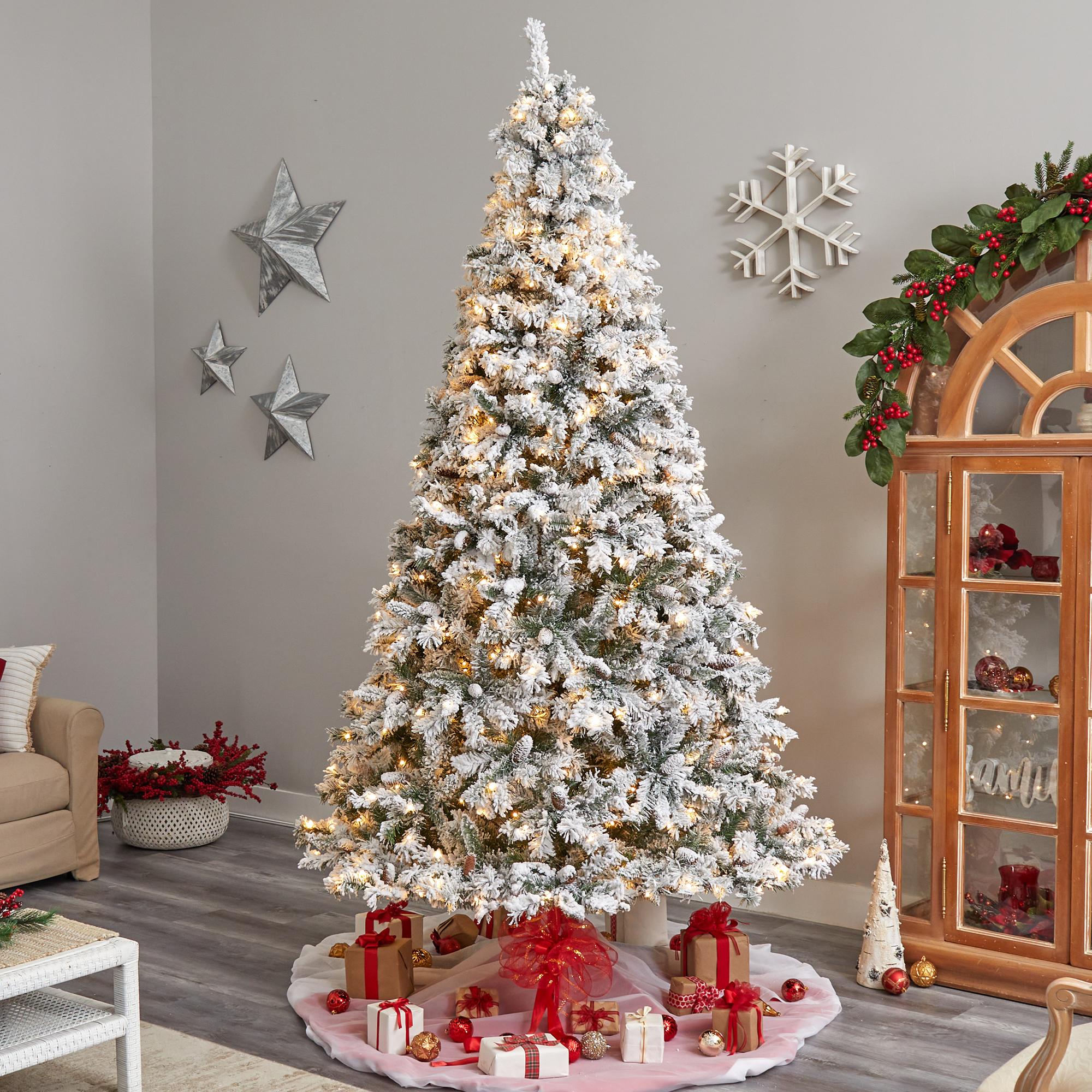 Nearly Natural River Mountain Clear Prelit LED Green Flocked Pine Christmas Tree, with Pinecones 9'