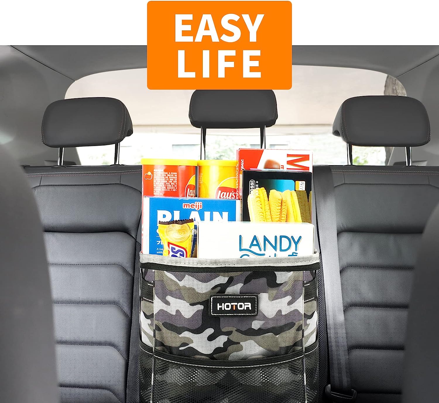 HOTOR Car Trash Can, Multifunctional Car Accessory for Interior Car Stuff Storage with Compact Design, Waterproof Car Organizer and Storage with Adjustable Straps, Magnetic Snaps (Camouflage Grey)