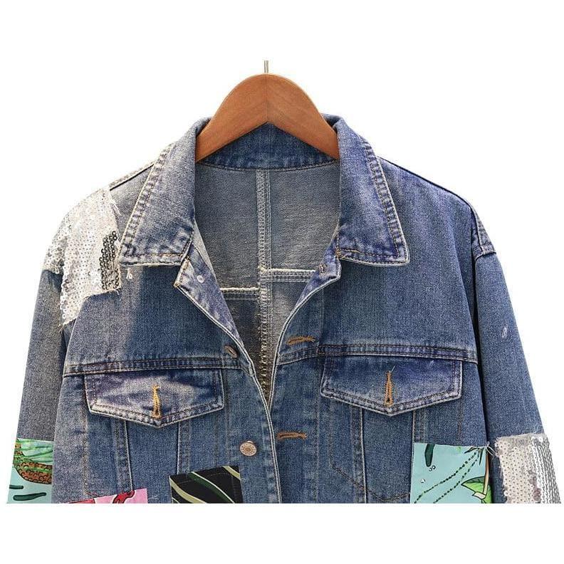 sequins patchwork cartoon jeans jacket