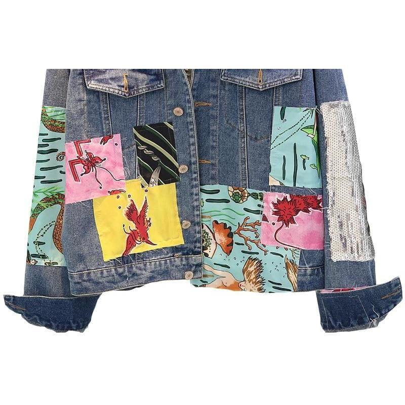 sequins patchwork cartoon jeans jacket
