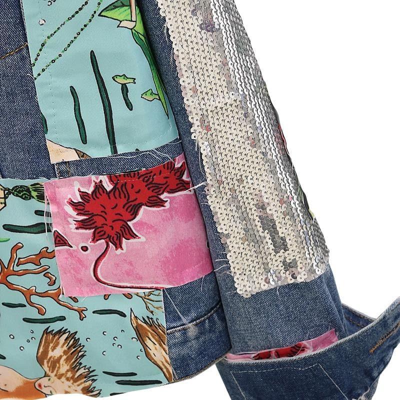 sequins patchwork cartoon jeans jacket