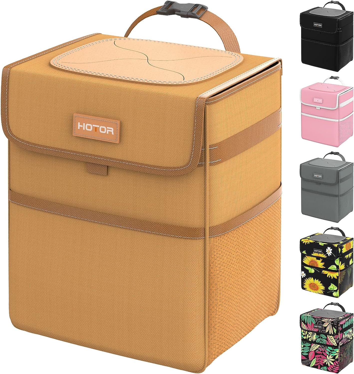 HOTOR Car Trash Can with Lid, Brown Car Trash Bag Hanging with Storage Pockets, Leak-Proof Car Garbage Can with Adjustable Straps, Magnetic Snaps, Waterproof Car Garbage Bin for Interior Car