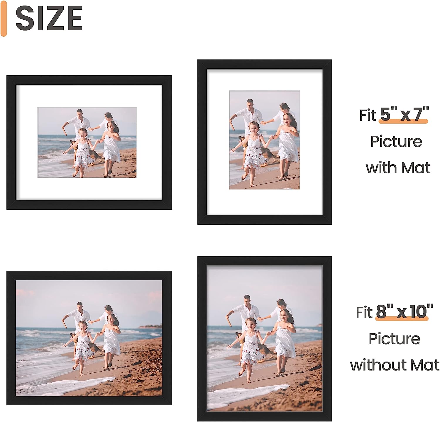 upsimples 8x10 Picture Frame Set of 5,Display Pictures 5x7 with Mat or 8x10 Without Mat,Wall Gallery Photo Frames, Black