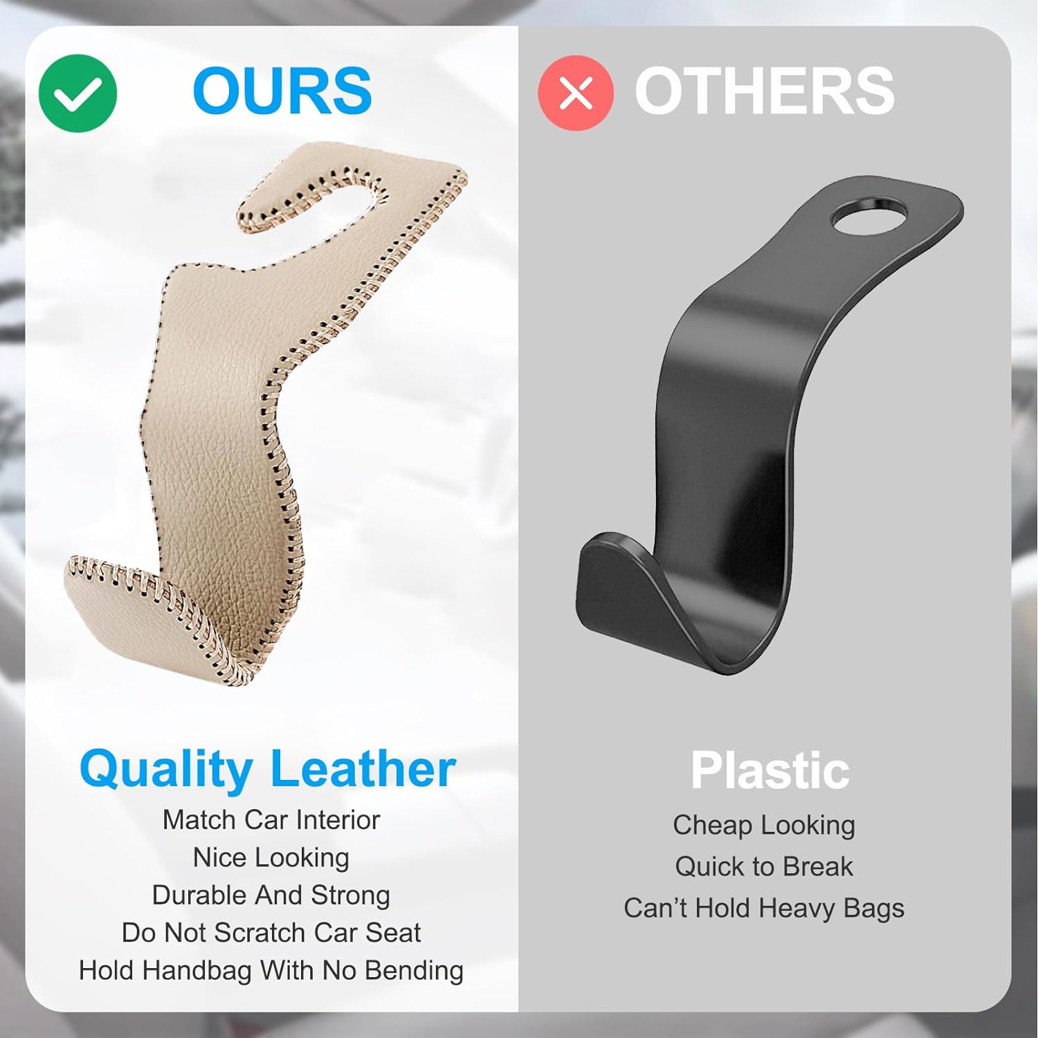 EldHus Seat Hooks for Purses and Bags, 4 Pack Car Purse Holder for Grocery Bag Handbag Clothes, Metal Headrest Hooks Covered by Leather, Beige