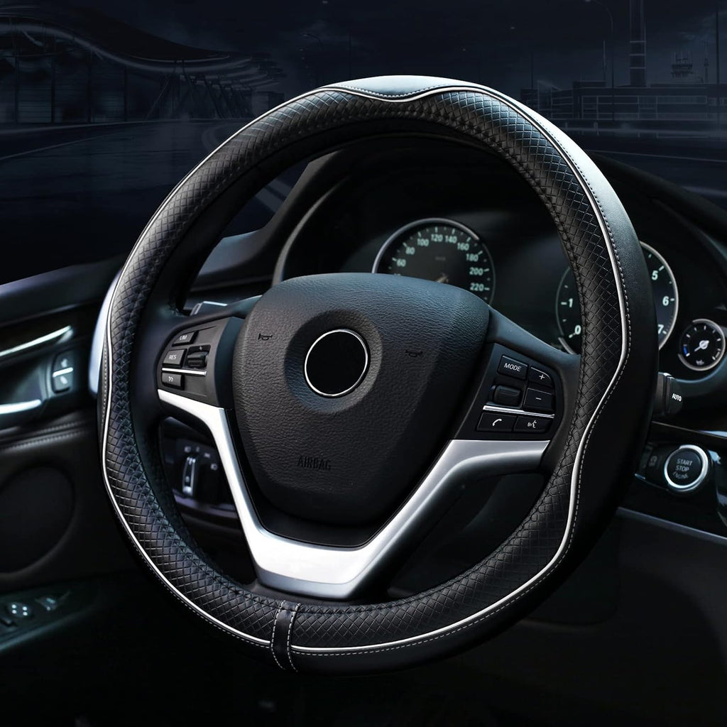 Valleycomfy Steering Wheel Covers Universal 15 inch - Genuine Leather, Breathable, Anti Slip &amp; Odor (White Line, M(14" 1/2-15" 1/4))