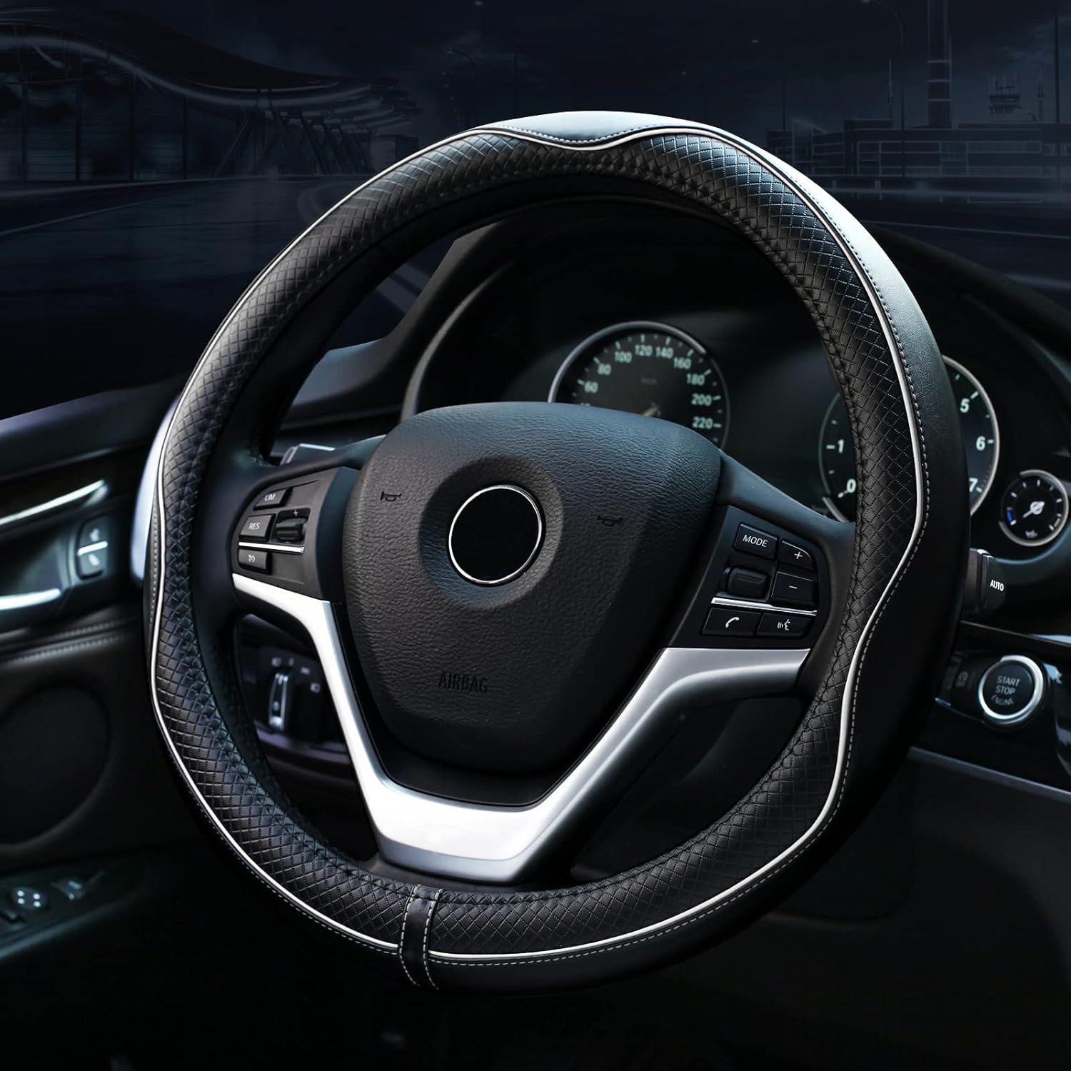 Valleycomfy Steering Wheel Covers Universal 15 inch - Genuine Leather, Breathable, Anti Slip &amp; Odor (White Line, M(14" 1/2-15" 1/4))