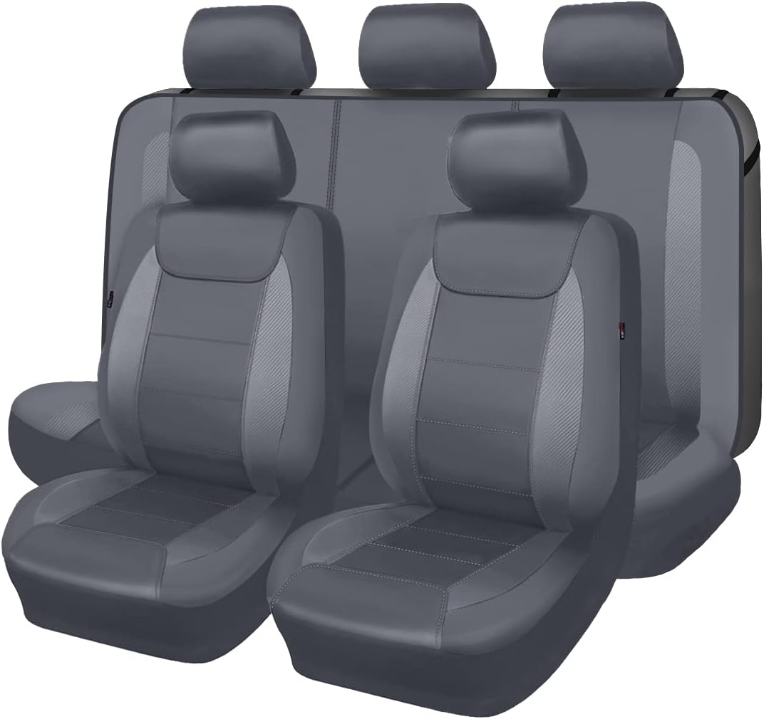 Flying Banner car seat Covers Protects Water Proof Faux Leather Carbon Fiber Front and Rear Bench Split 40/60 50/50 60/40(Gray Gray, Full Set - 8PCS)
