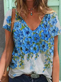 V-neck Floral Print Loose Casual T-shirt
