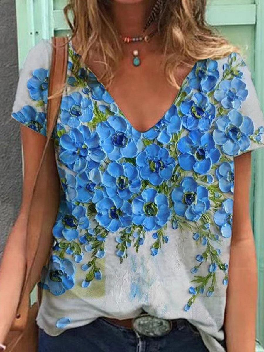 V-neck Floral Print Loose Casual T-shirt