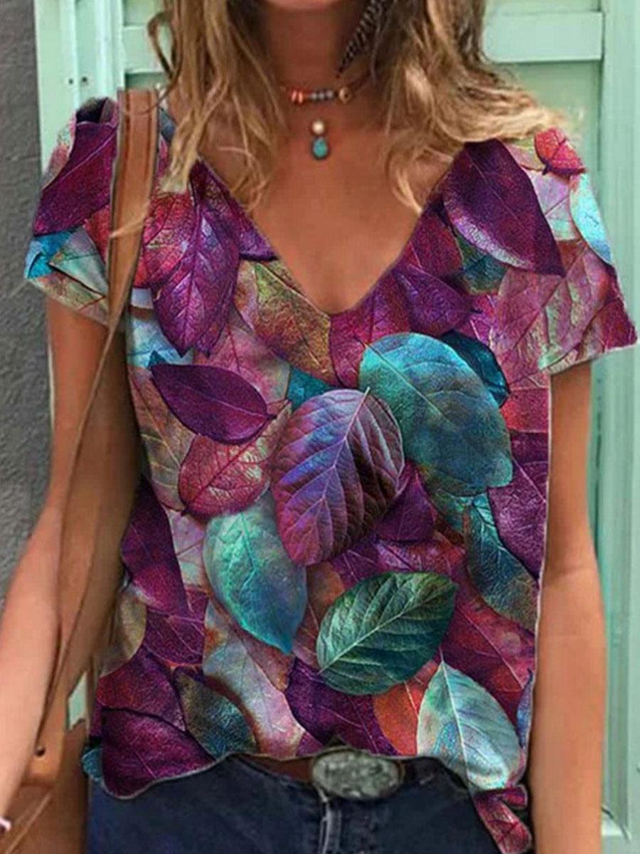 V-neck Floral Print Loose Casual T-shirt