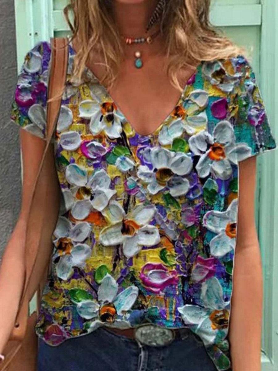 V-neck Floral Print Loose Casual T-shirt
