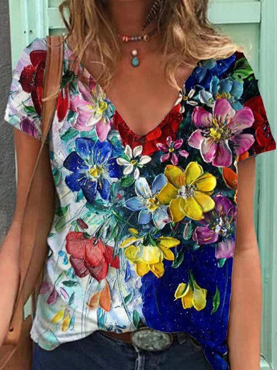 V-neck Floral Print Loose Casual T-shirt