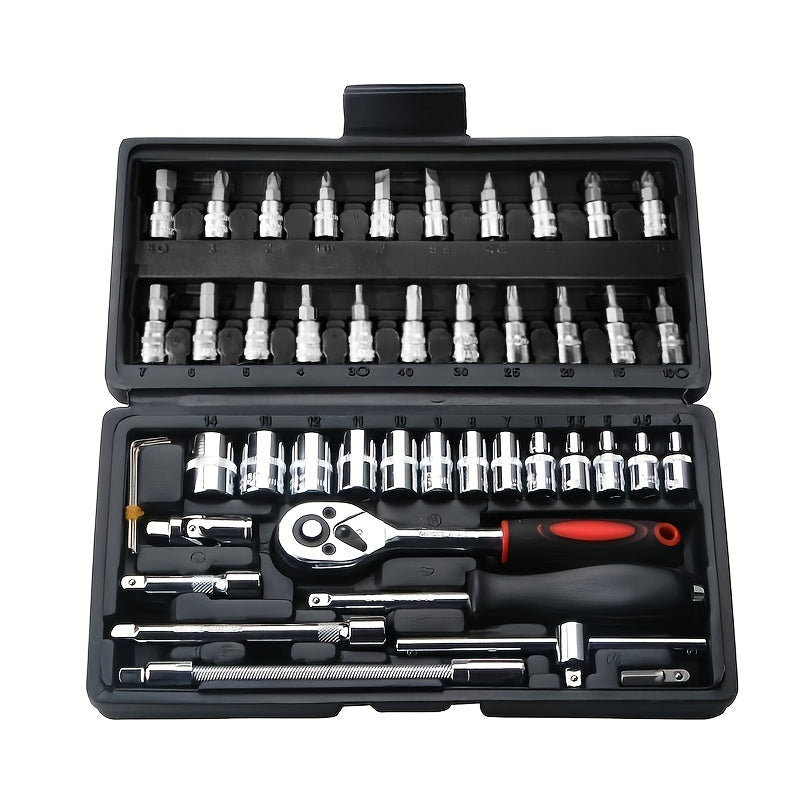 46pcs Car Repair Tool Kit: Ratchet Torque Wrench, Spanner, Screwdriver, Socket Set Combo - Perfect For Bicycle &amp; Auto Repairing!