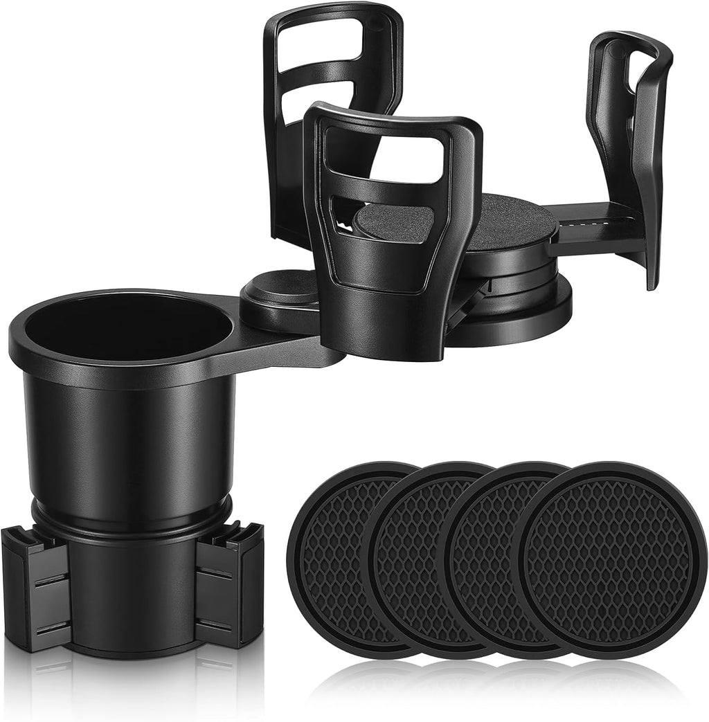 Cup Holder Expander for Car with Car Coasters 4 pcs,THIS HILL 2 in 1 Multifunctional Car Cup Holder Extender Adapter with Adjustable Base for Snack Bottles Cups Drinks,Non-Slip