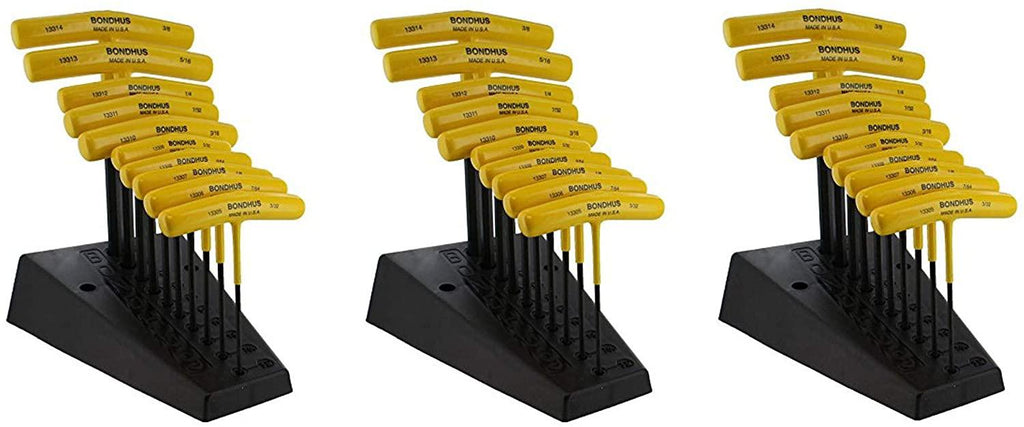 Bondhus 13390 Set of 10 Hex T-handles w/Stand, sizes 3/32-3/8" (Three Pack)