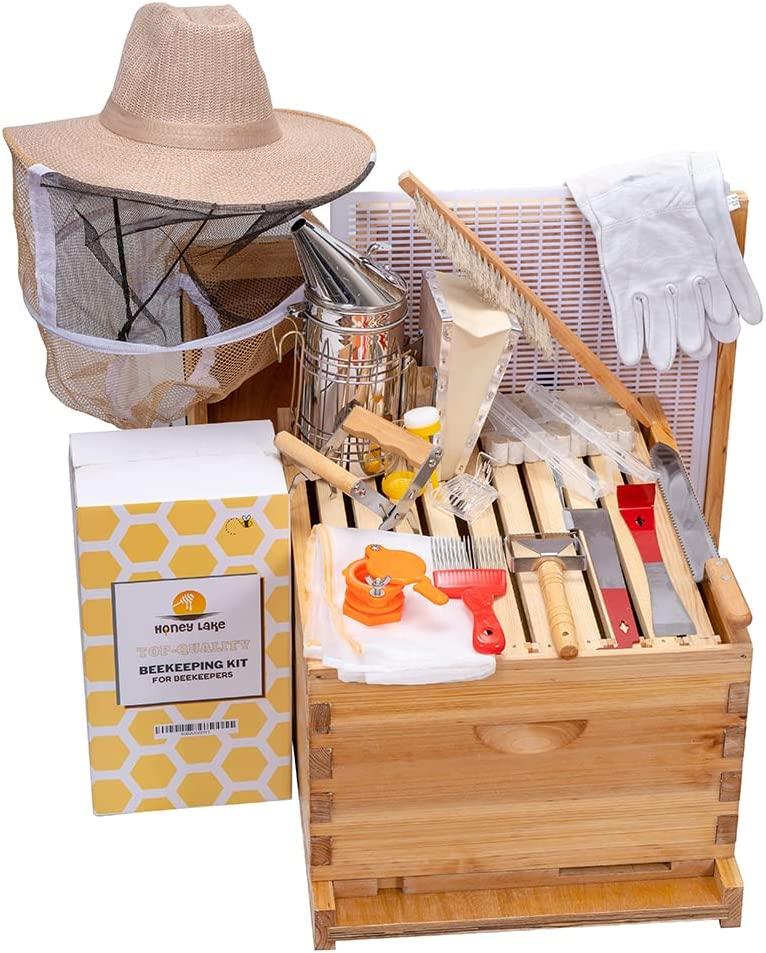 Honey Lake 10-Frame Bee Hives and Supplies Starter Kit, Beeswax Coated Beehive Starter Kit Including Beekeeping Supplies Tools Set with Bee Hat Veil