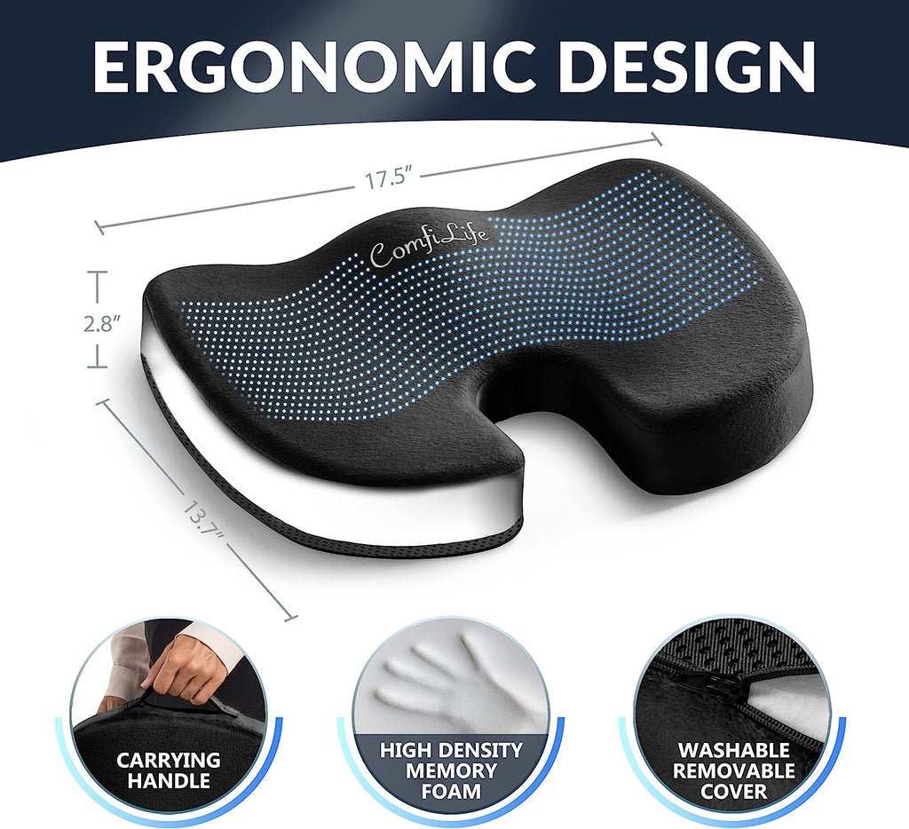 ComfiLife Gel Enhanced Seat Cushion - Non-Slip Orthopedic Gel &amp; Memory Foam Coccyx Cushion for Tailbone Pain - Office Chair Car Seat Cushion - Sciatica &amp; Back Pain Relief (Black)