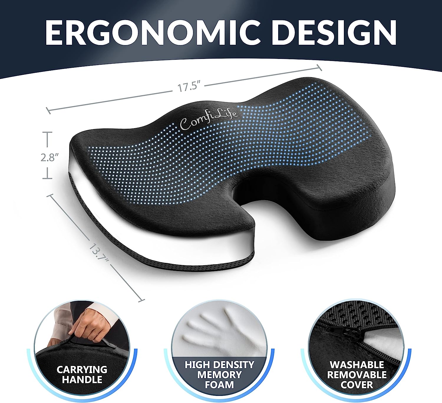 ComfiLife Gel Enhanced Seat Cushion - Non-Slip Orthopedic Gel &amp; Memory Foam Coccyx Cushion for Tailbone Pain - Office Chair Car Seat Cushion - Sciatica &amp; Back Pain Relief (Black)