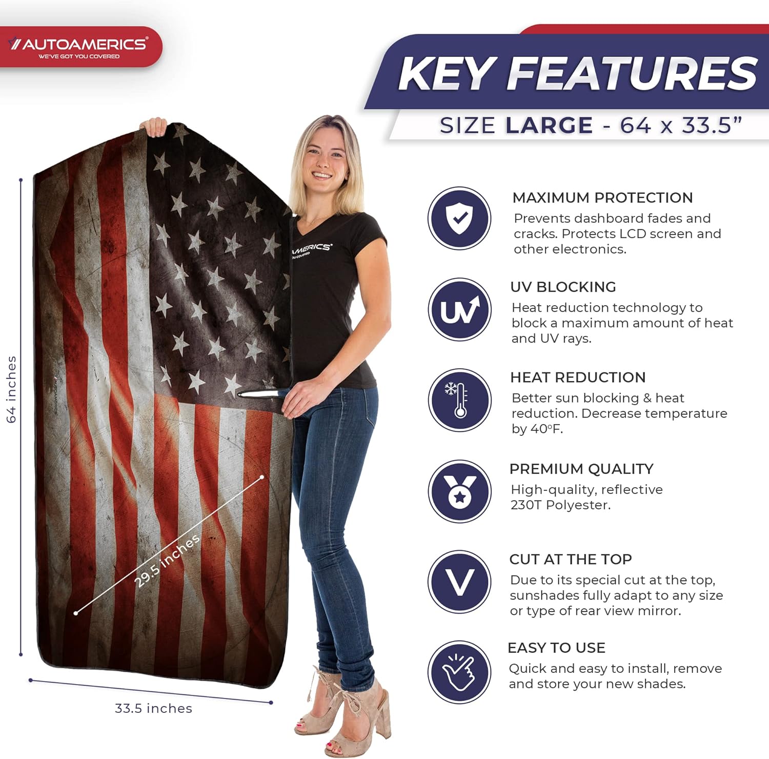 Autoamerics 1-Piece Windshield Sun Shade Grunge American Flag - 1 USA  - Foldable Car Front Window Sunshade for Most Sedans SUV Truck - Blocks Max UV Rays and Keeps Your Vehicle Cool - Large