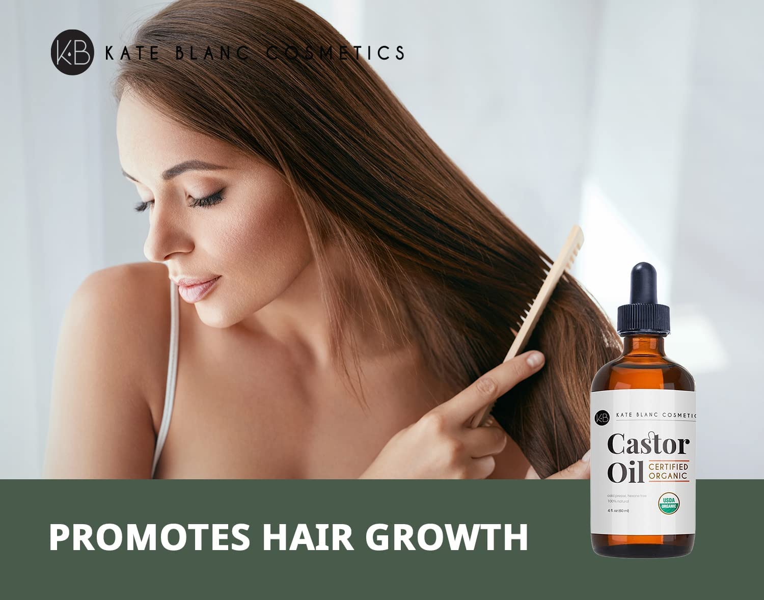 Organic Castor Oil (4oz), USDA Certified, 100% Pure, Cold Pressed, Hexane Free by Kate Blanc. Stimulate Growth for Eyelashes, Eyebrows, Hair. Skin Moisturizer &amp; Oil Cleanse with Starter Kit