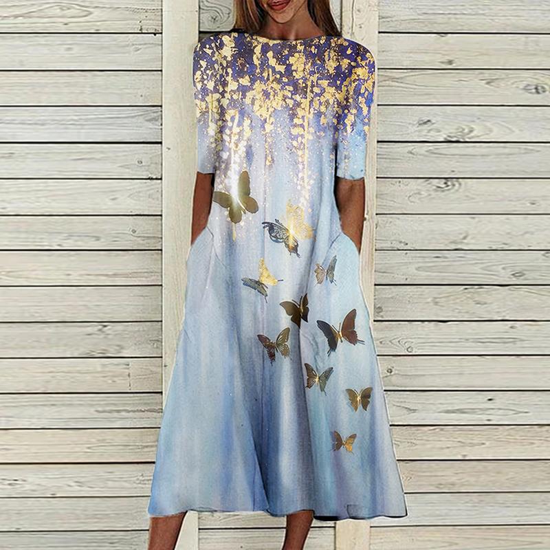 Fashion round neck short sleeve butterfly print dress