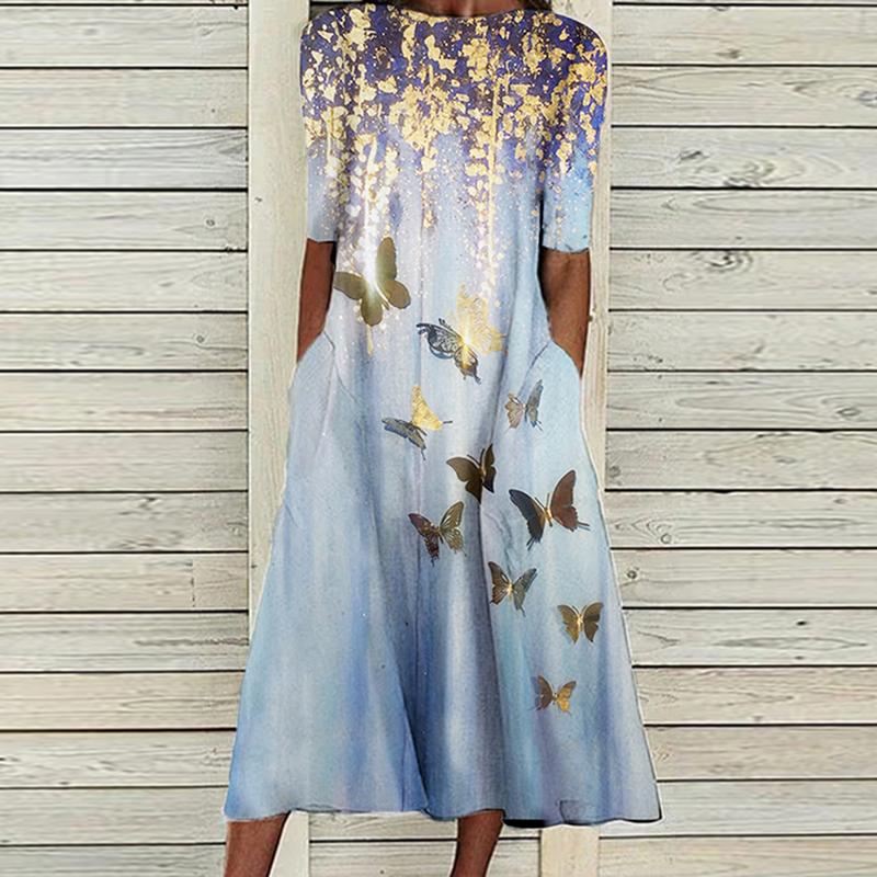 Fashion round neck short sleeve butterfly print dress