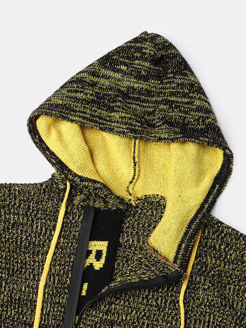 mens letter v-neck zip knit pullover casual drawstring hooded sweaters