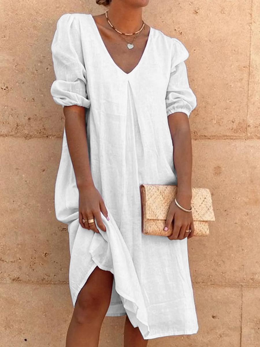 Maternity Casual Cotton And Linen Loose V-Neck Solid Color Dress