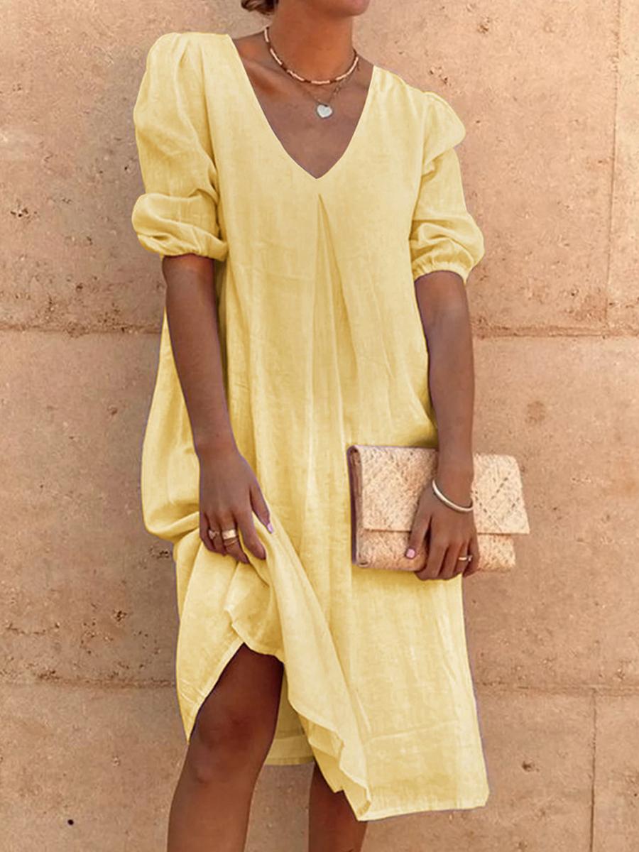Maternity Casual Cotton And Linen Loose V-Neck Solid Color Dress