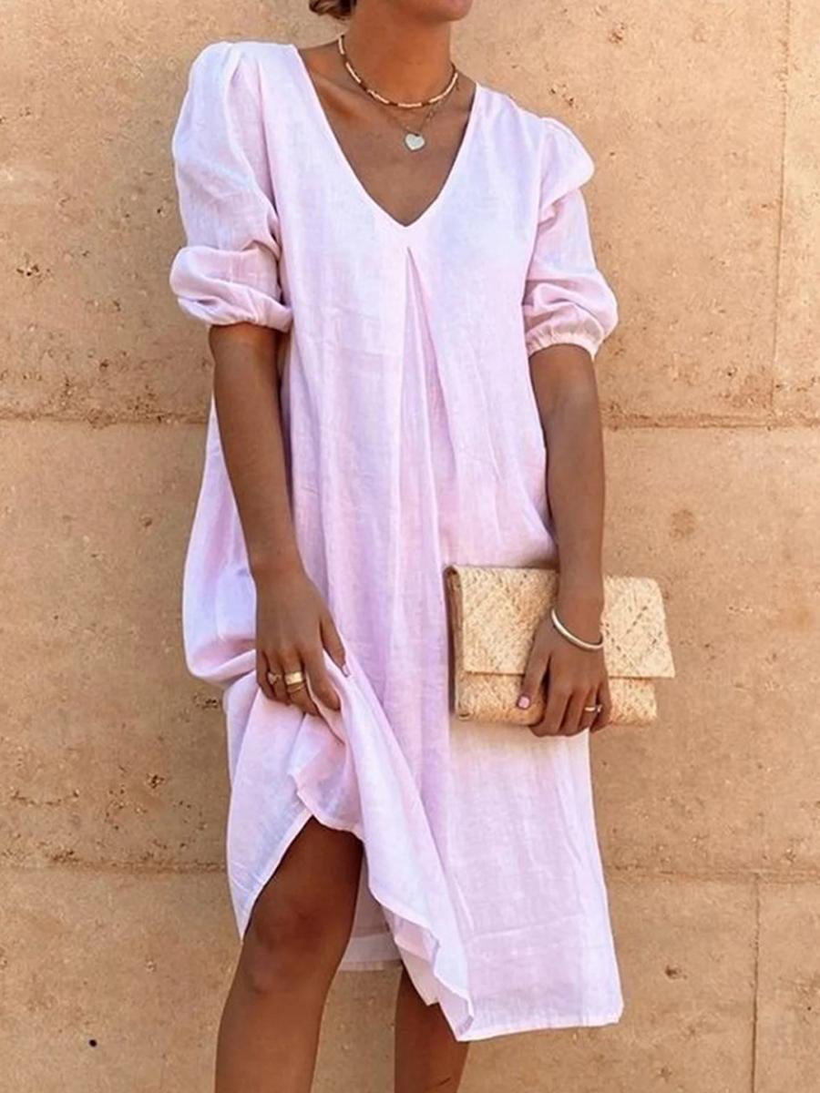 Maternity Casual Cotton And Linen Loose V-Neck Solid Color Dress