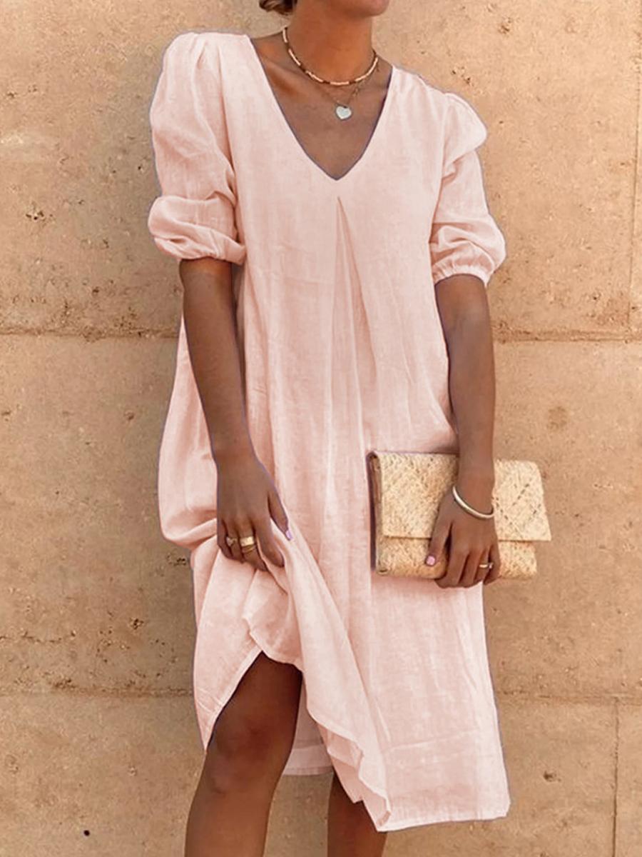 Maternity Casual Cotton And Linen Loose V-Neck Solid Color Dress