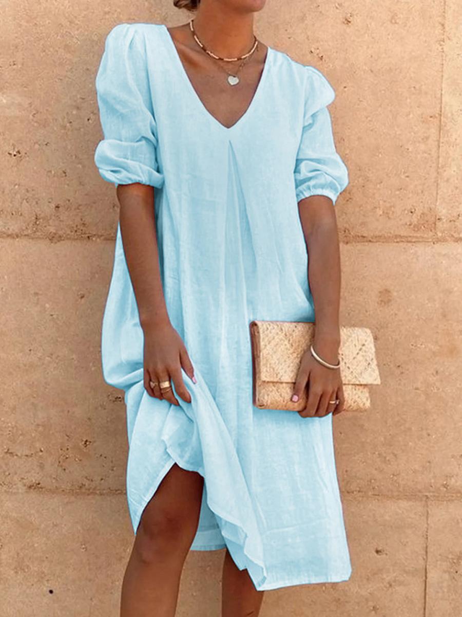 Maternity Casual Cotton And Linen Loose V-Neck Solid Color Dress