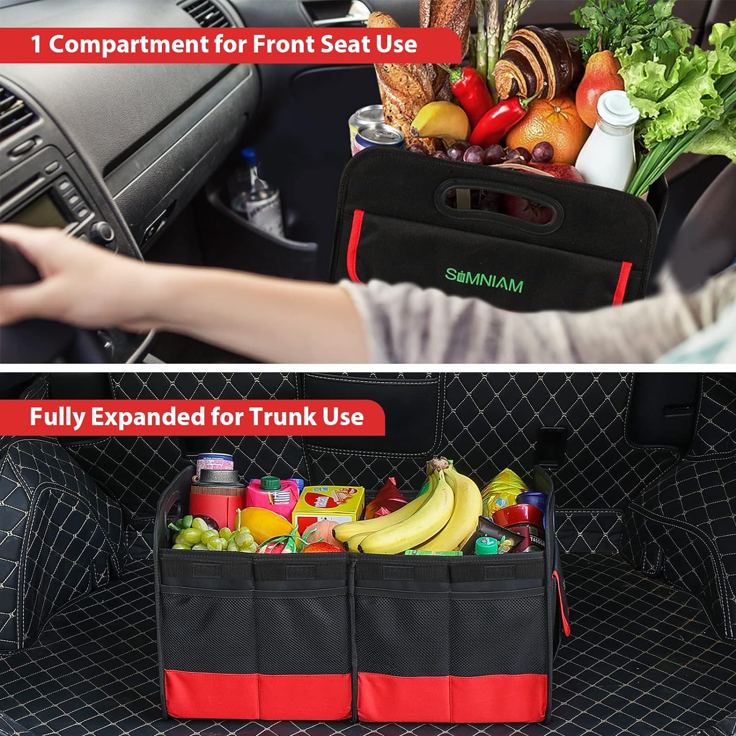 Simniam Collapsible Car Trunk Organize with 3 Removable Dividers, Trunk Organizer Fits Most Car, SUVs, Truck, or Minivan (2 Compartments, Red)