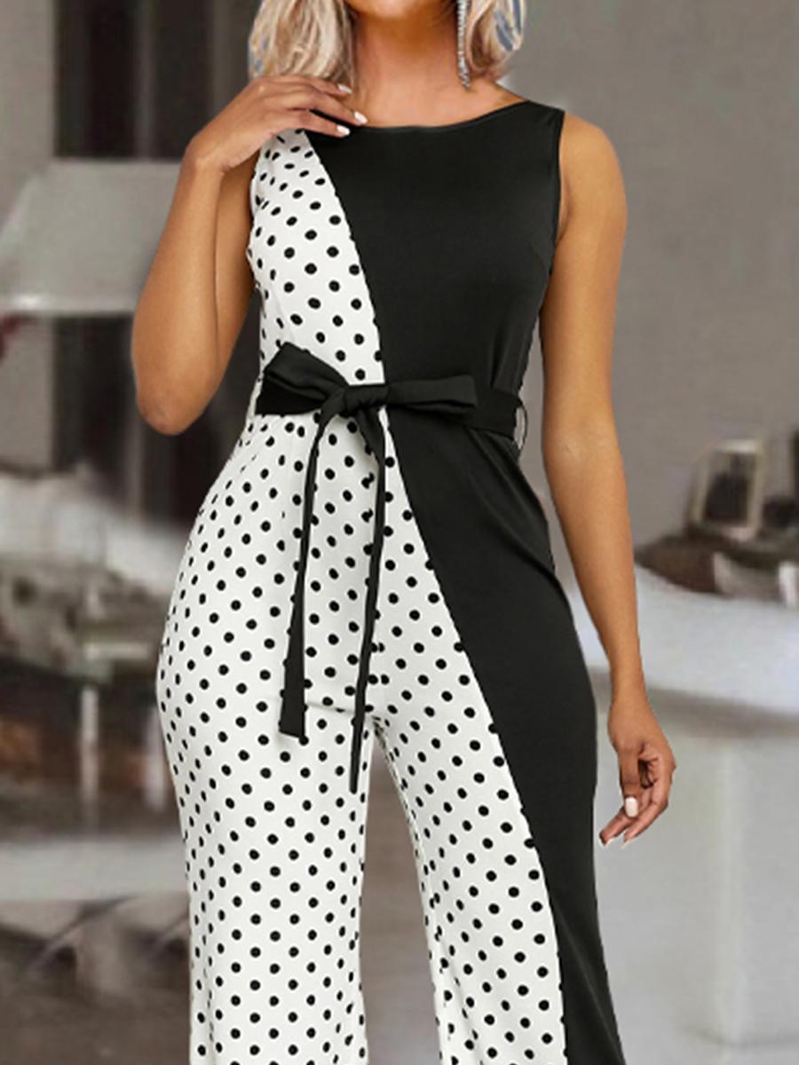 Fashion Dots Print Crew Neck Jumpsuit Women